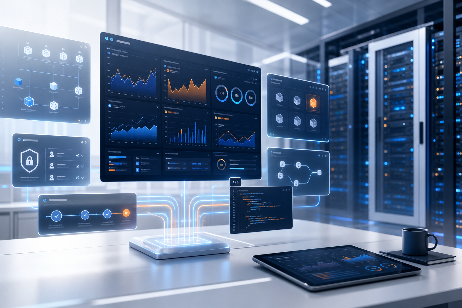 Abstrakte Visualisierung eines IT-Betriebs- und Entwicklungsdashboards