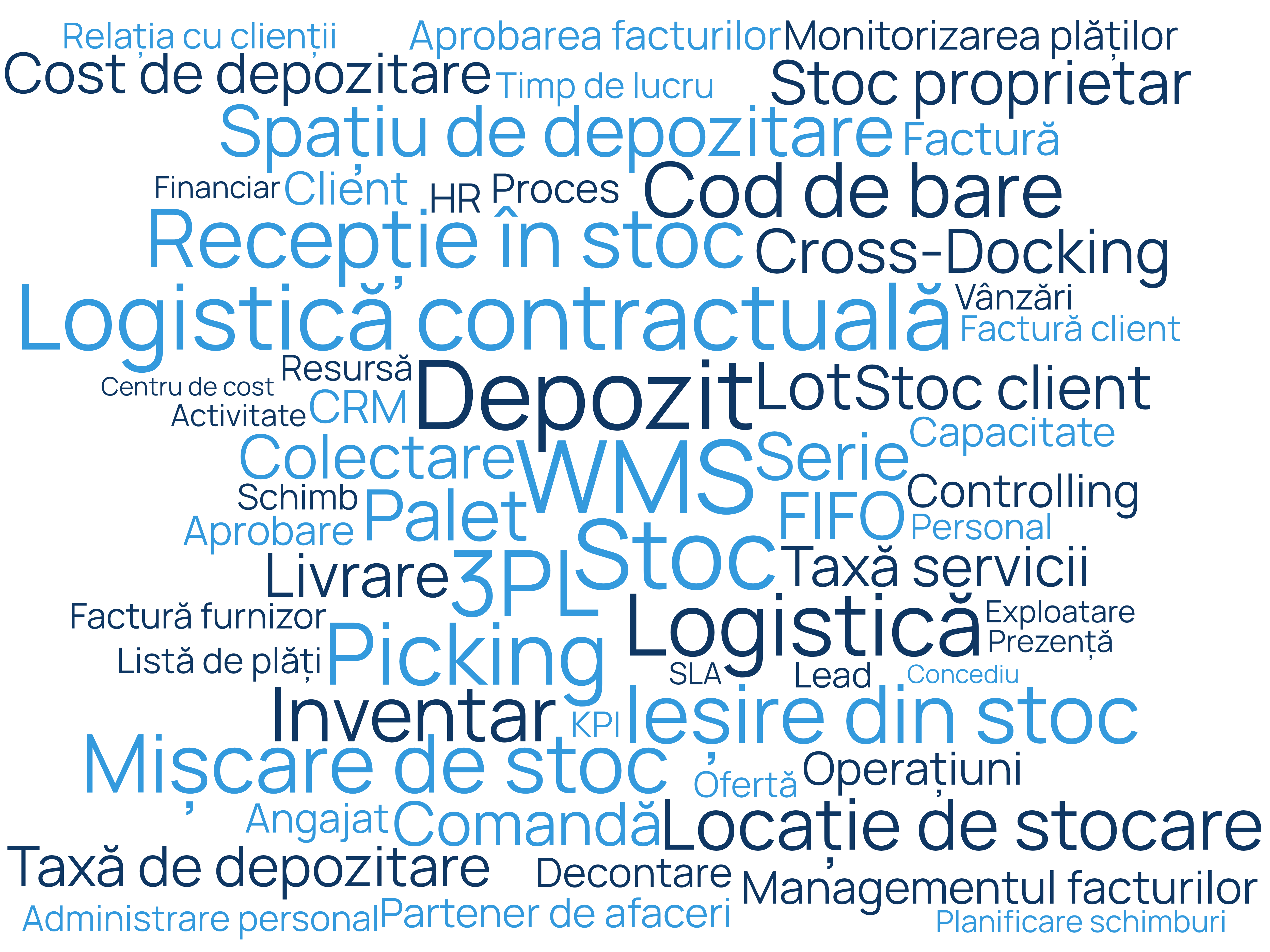 Word cloud cu capabilitățile FlexPortals pentru procese, depozit și operațiuni