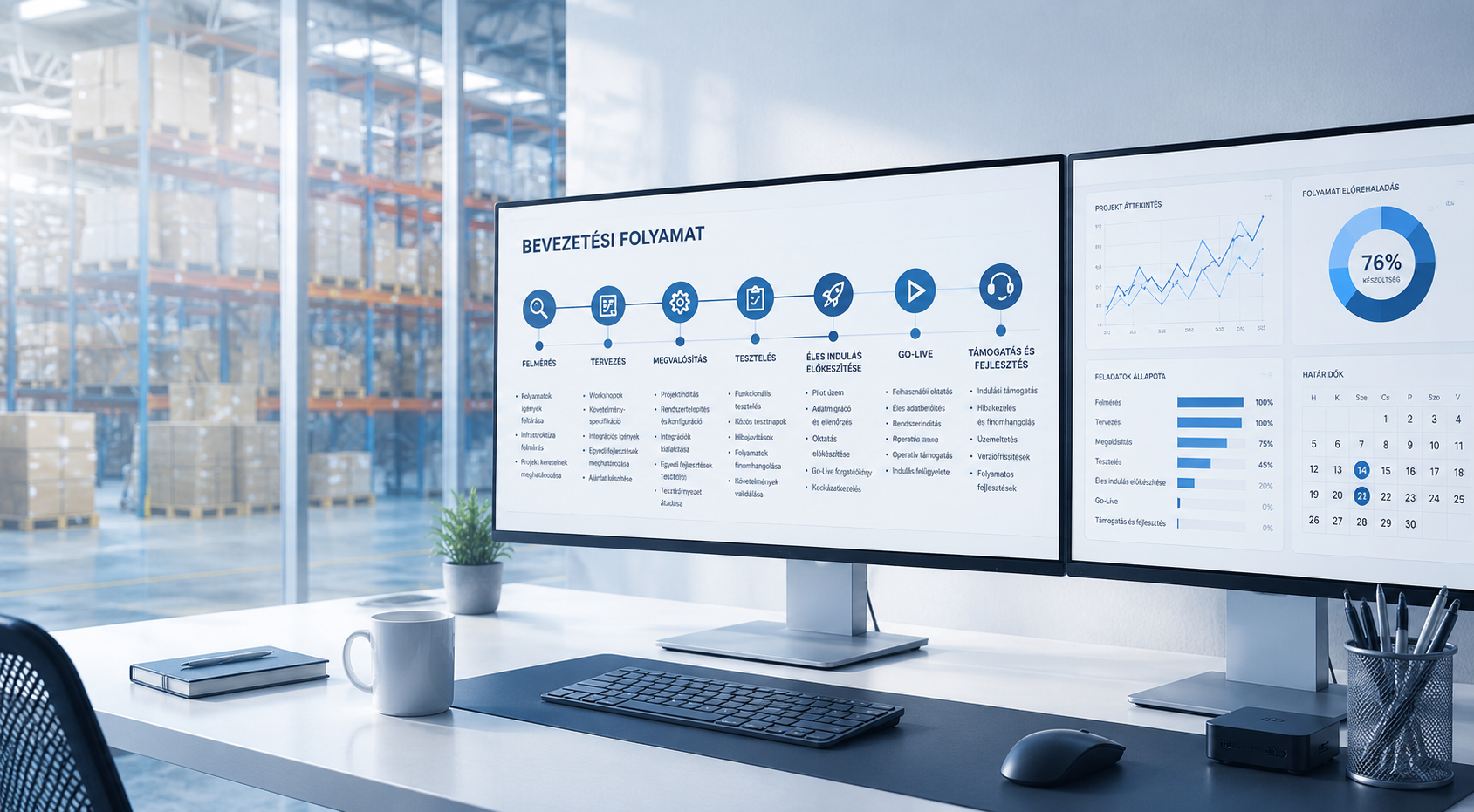 Overview of an implementation process in a warehouse-related environment with project and progress dashboards on monitors