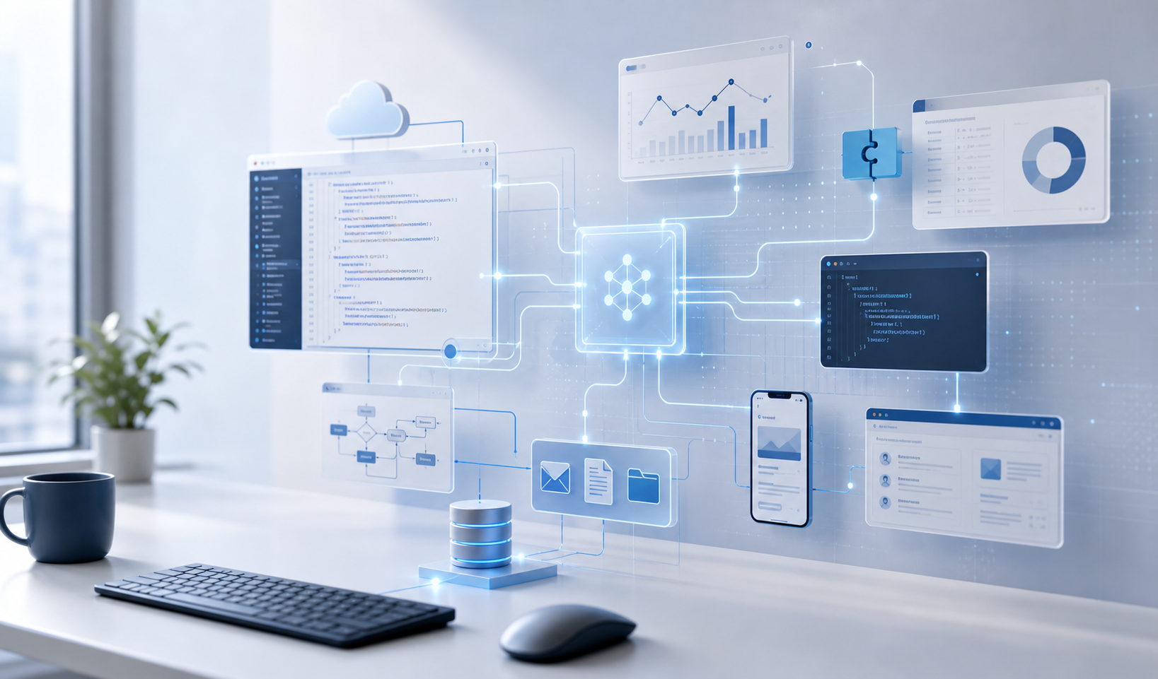 Two-way enterprise integration environment with connected systems and AI connection points