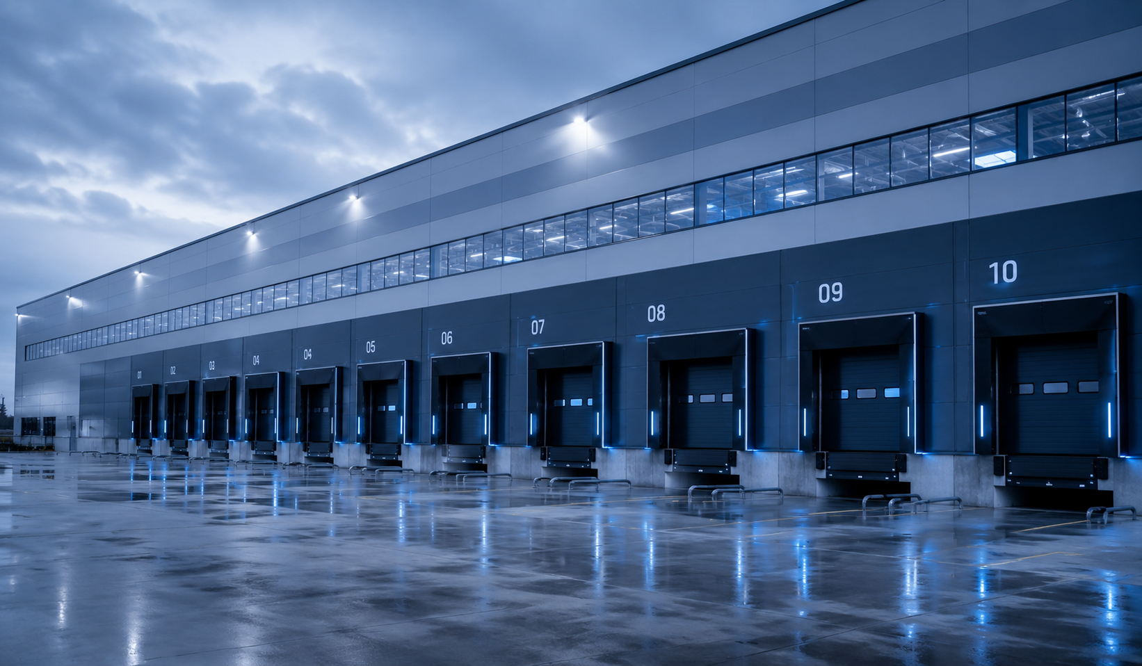 B2B 3PL logistics platform visualization with warehouse gates, stock flow, SAP connection and IoT monitoring